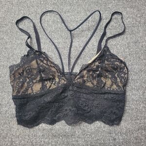 Express Bralette Black Lace Nude Lining Strappy Caged Halter Size M Fairy Sexy